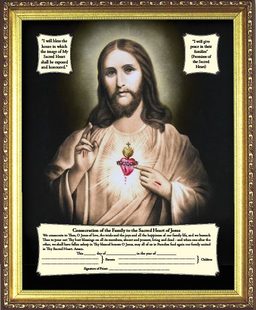 Sacred Heart Enthronement Certificate - Sepia Toned Print Gold Framed